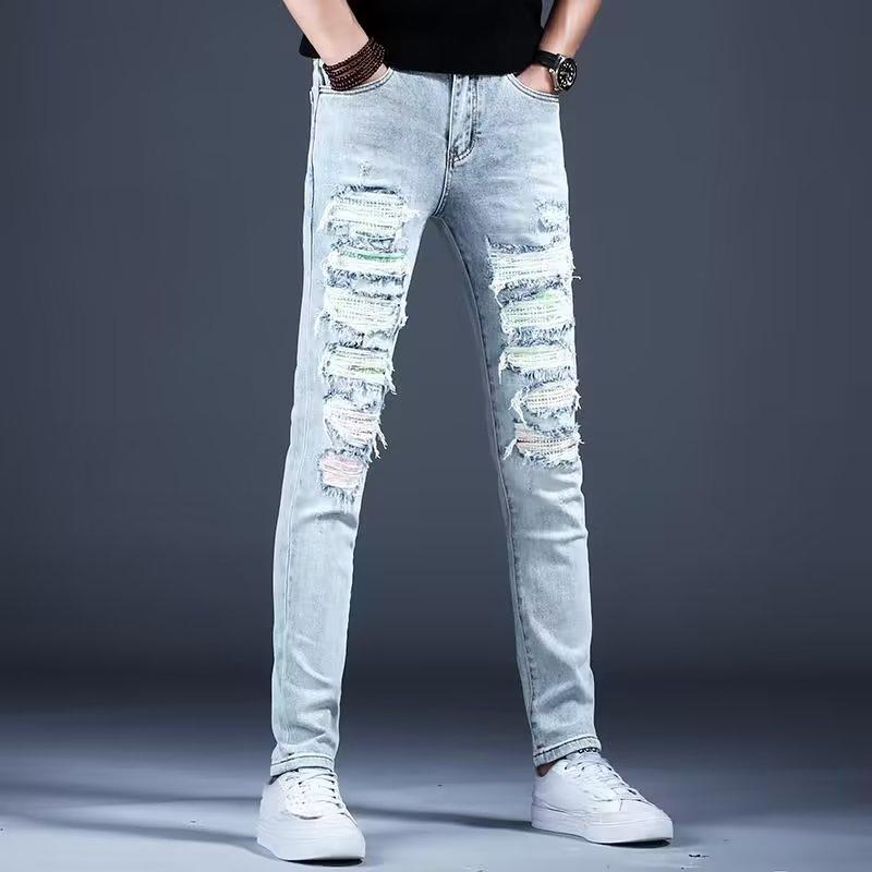 Light Blue Ripped Jeans Vintage High Street Trousers Vintage Washed Old Zip Narrow Straight Trousers