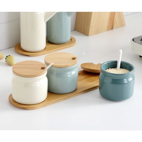 BDHD Ceramic Seasoning Set with Sugar, Salt, Spice Containers, and Oil Bottles, Nordic Design, Ceramic Spice Box Set for Home Kitchen Storage (Ivory &