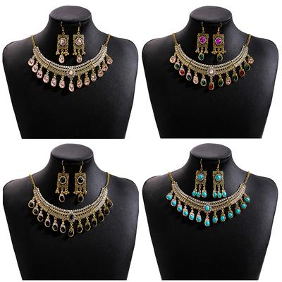 Vintage Exaggerated Rhinestone Necklace, Dinner Dress Geometric Square Jewelry Set With Diamond Water Drop Earrings For Women