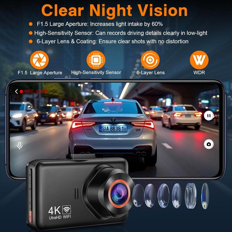 4K+2K Front and Rear Dash Cam Built-in WiFi 3 Inch IPS Car Video Camera WDR Night Vision G-Sensor 24H Parking Mode APP Control