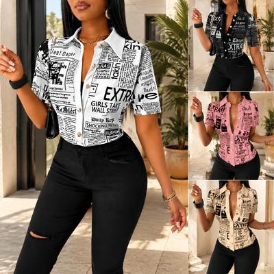 Women Summer Fashion Newspaper Print Button Down V Neck Shirt Blouse