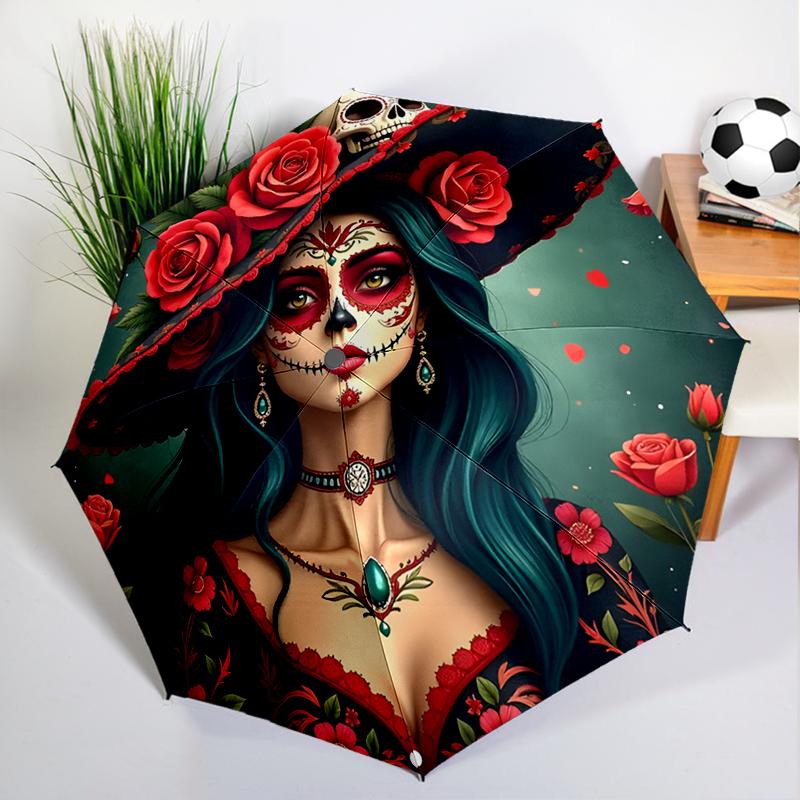 Sugar Skull Rose Umbrella Automatic Open/close, Sturdy Iron Frame & 8-Rib Structure, Umbrella for Women & Men, Christmas Gifts