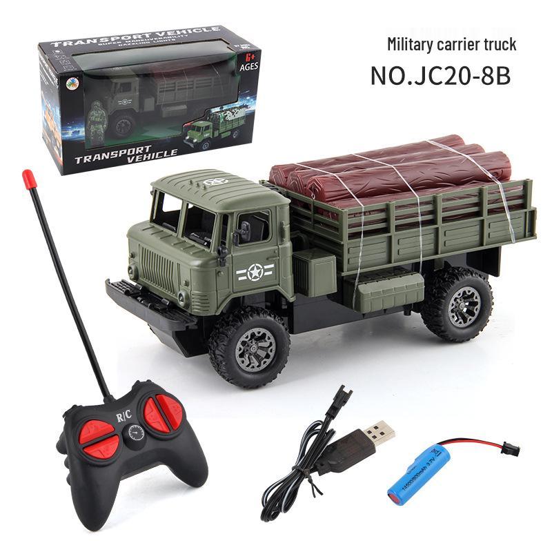 Four-Wheel Drive RC Military Transport Vehicle with USB Charging, LED Lights, and Climbing Rubber Tires
