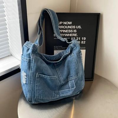 Dámská džínová jednobarevná crossbody taška na zip  jednoduchá móda  taška přes rameno  měkká a všestranná  populární taška