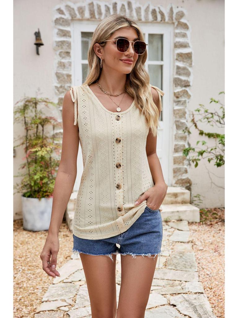2024 Summer European & American Women's Fashion Hollow Out Drawstring Sleeveless Button Camisole