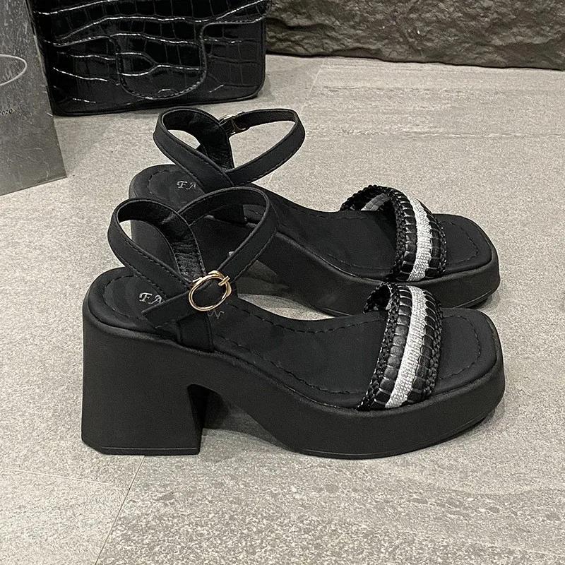Chunky Heel Platform Slide Sandals 2025 Summer Women Square Toe Strappy Mule Slippers Plus Size Beach Shoes European Design