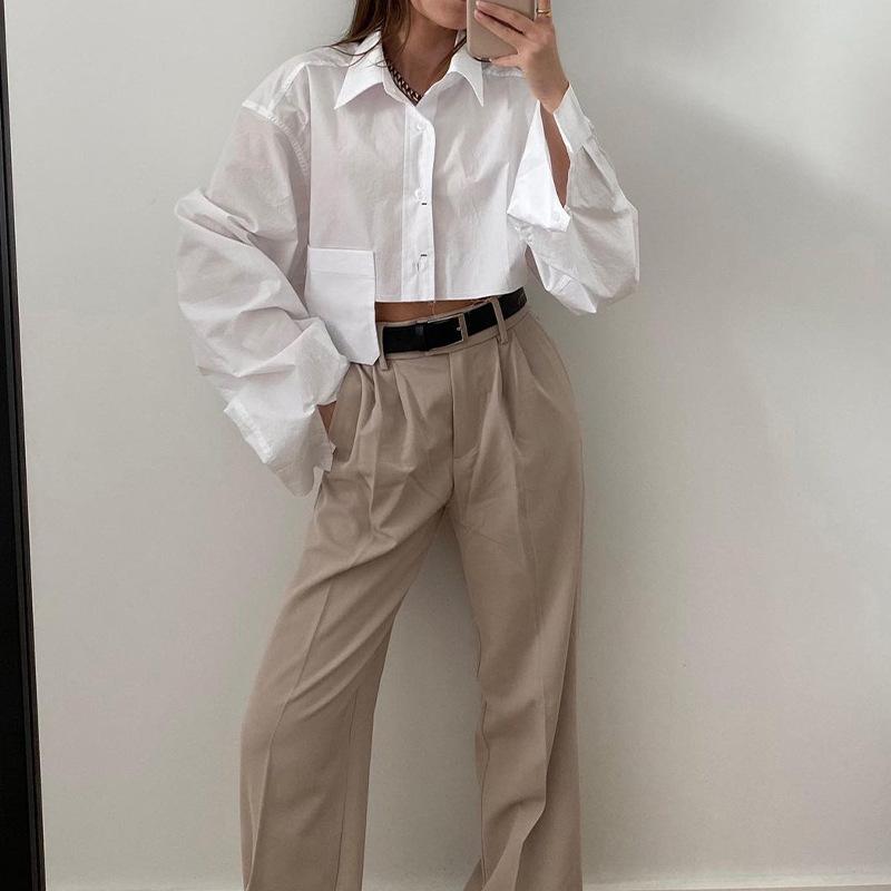 Autumn Fashion Chic White Women Blouse Sexy Lapel Long Sleeve Crop Shirts Lady Streettop Woman Blusas Clothing Pockets