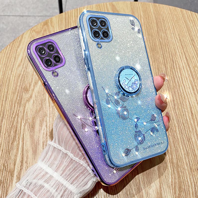 KADEM For Samsung Galaxy A42 5G Flower Rhinestone Decor TPU Cover Glitter Gradient Phone Case with Ring Kickstand