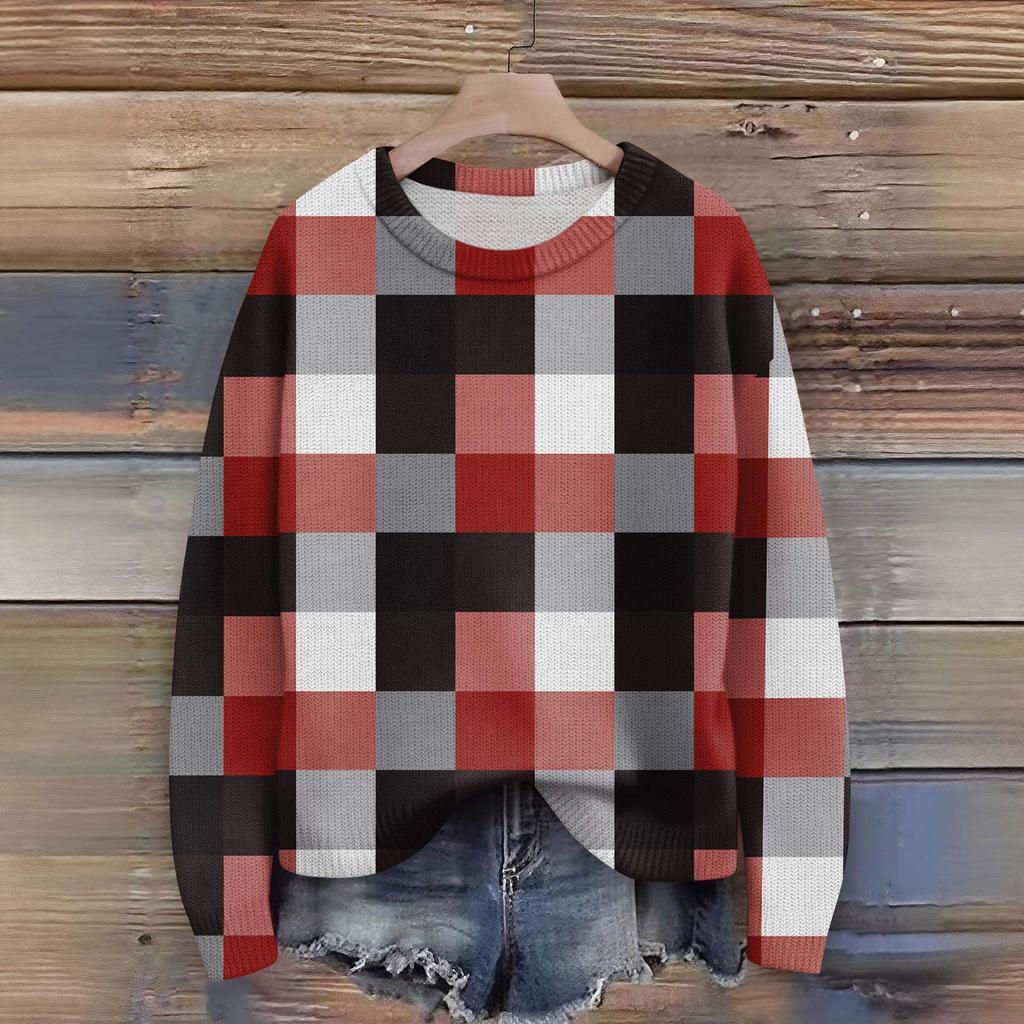 Long Sleeve Pullover Sweaters For Women O Neck Casual Cute Printing Knit Oversized Sweater