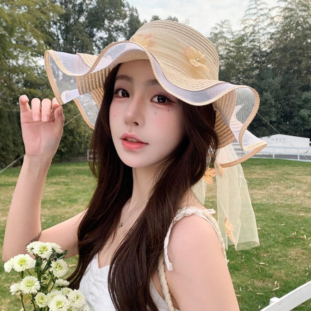 Wide-brimmed Straw Hat Breathable Beach Hat Sweet Sun Hat  for Summer Sun Protection