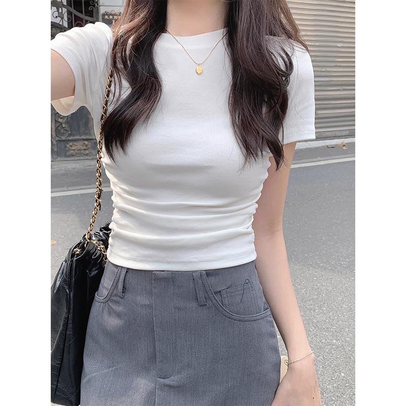 Irregular American style right shoulder short-sleeved T-shirt for women in summer hot girl high waist exposed navel slim fit versatile short top