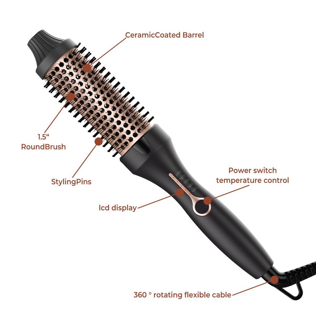 3-in-1 Hot Comb, Thermal Brush, Curling Iron and Straightening Brush, 38mm Barrel, Dual Fast Heating, 5 Temp Settings (120 degrees C-200 degre