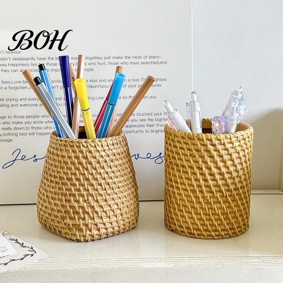 Pen Storage Container Faux Rattan Holder, Woven Style Makeup Brush Boho Office Desk Organizer Desktop Organizer, Multi-functional Resin Pencil Cup for