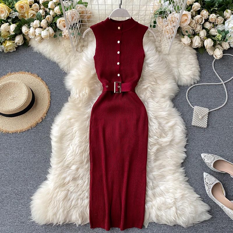 RUGOD European and American Dress Women's New Breasted Lace-up Waist and Hips Elastic Knitted Sleeveless Sexy Hip Dress