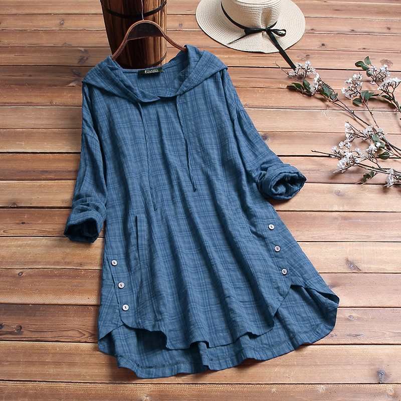 

New New Casual Tunic Tops Hooded Chemise Femme Top Tops Shirt XXXL Blue