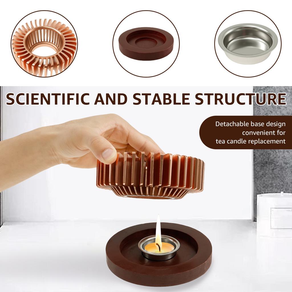 Teapot Warmer with Hollow Frame Aluminum Alloy Tea Pot Heater with Detachable Wood Base Stable Placement for Coffee Milk Tea