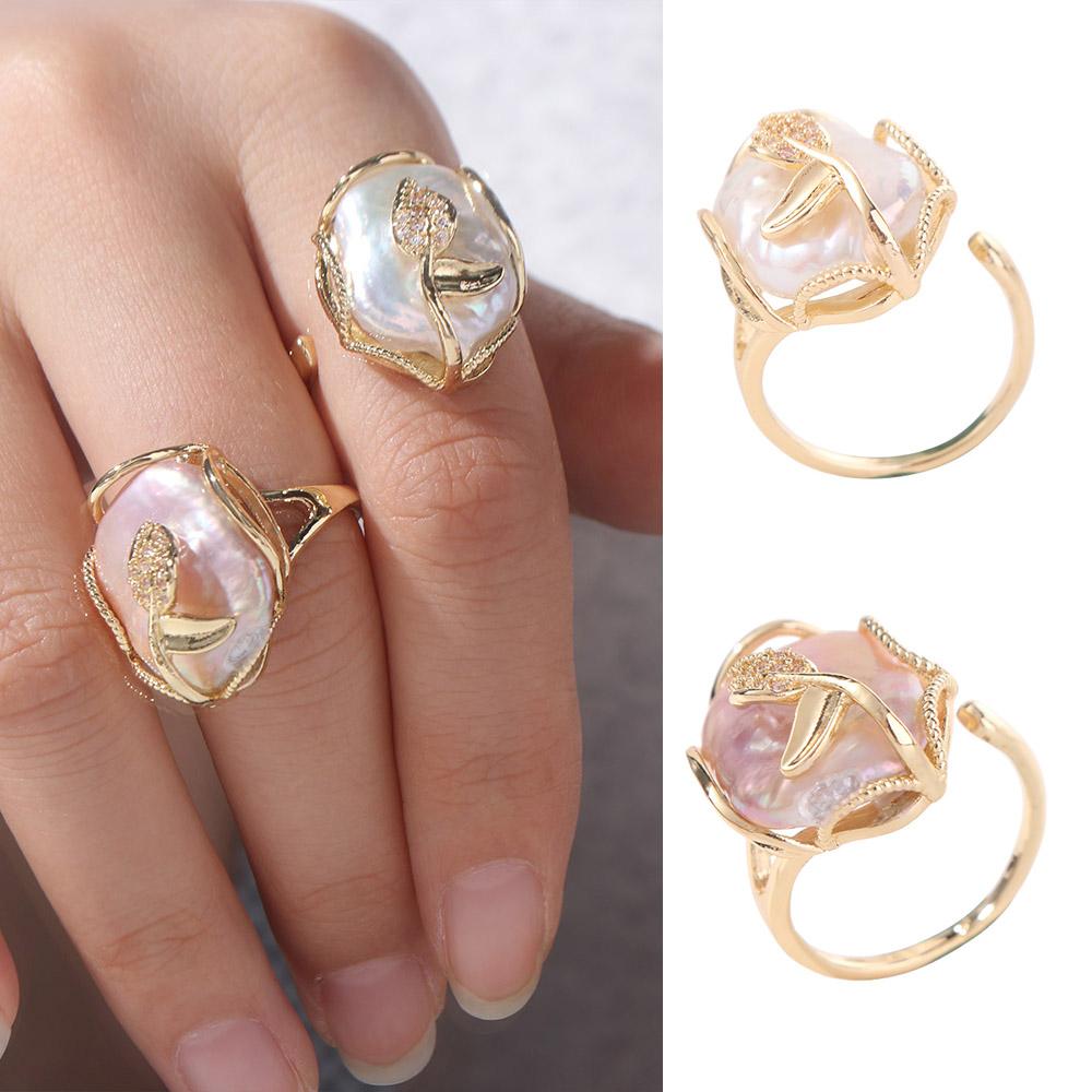 Rhinestone Pearl Opening Ring Baroque Natural Pearl Ring Unique Women's Jewelry Women