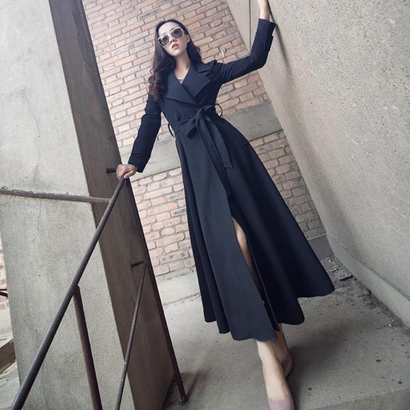 Kniehoher Trenchcoat, schlankes Temperament, langer Schnür-Revers-Trenchcoat, schmale Taille