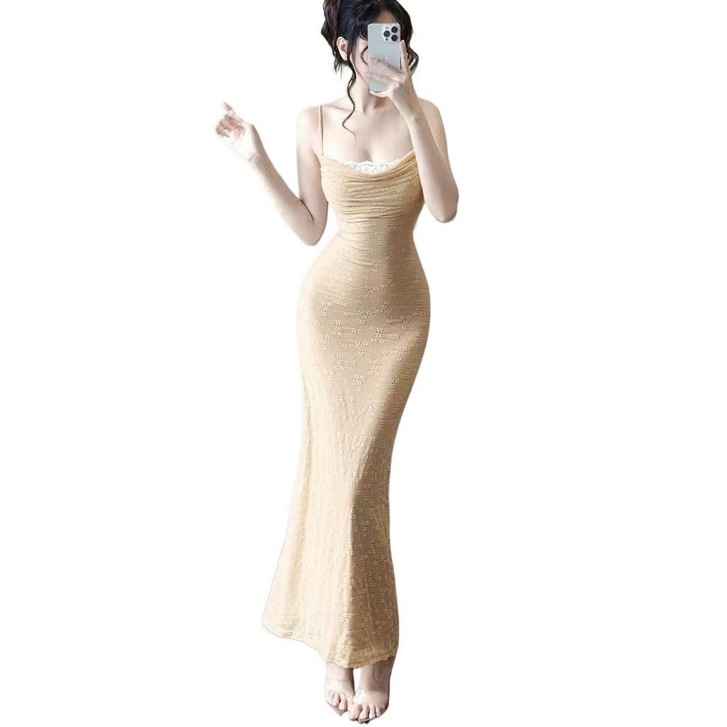 Sexy wind lace color matching splicing suspender slim dress high-end women's summer off-the-shoulder waist hip-wrapped dress