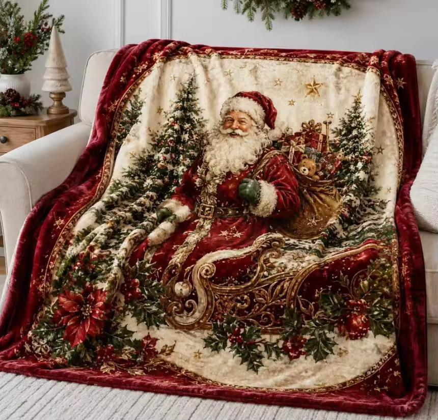 Vintage Santa Decke, Weihnachtliche Minky Sherpa Überwurfdecke, Gemütliche Feiertags Bettwäsche, Winter Sofa Decke, Weihnachtsgeschenk für Sie Decke 75x90cm brown