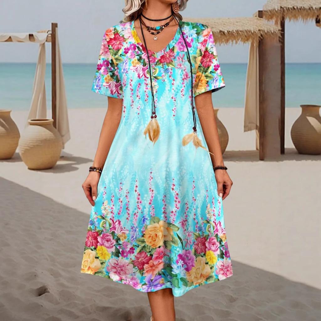 Women's Summer Long Dress V-Neck Short Printed Floral Printed Beach Dress Praty Dress