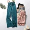 Women's Drawstring Low Waist Pleated Wide Leg Seven Pants Loose Flowy Chiffon Ice Silk Casual Trousers