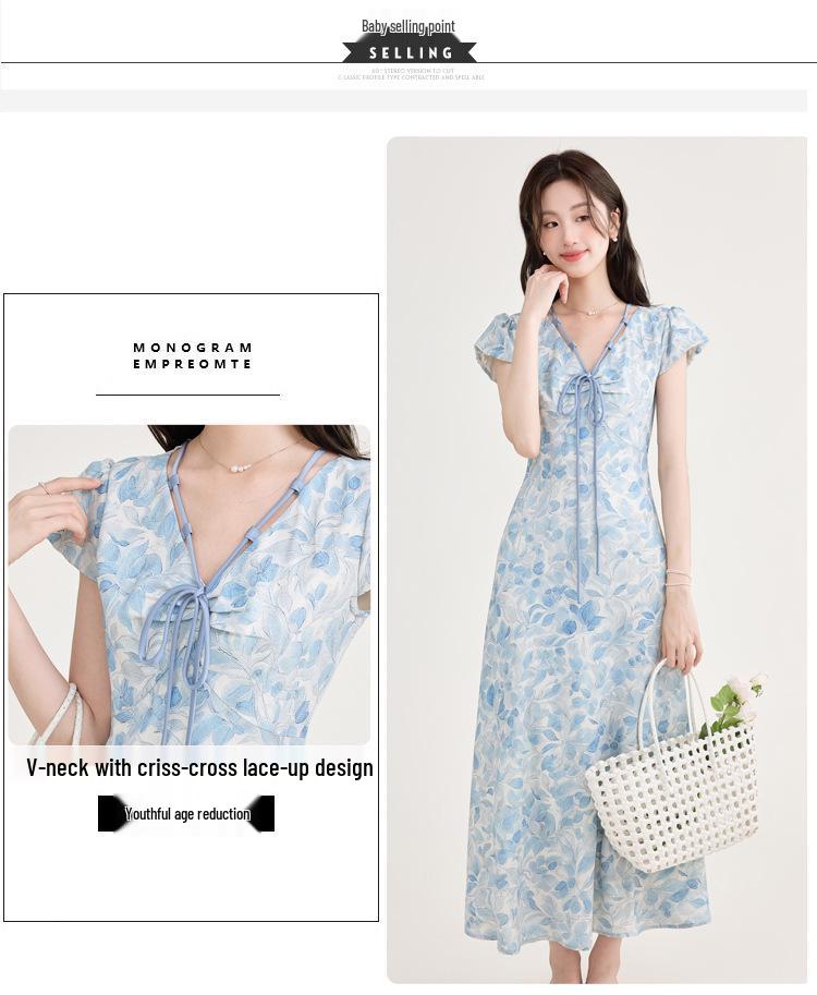2026 Frühling/Sommer Elegantes blaues Blumen-A-Linien-Kleid: Taillenbetonend, Kurzärmelig, Französischer Stil