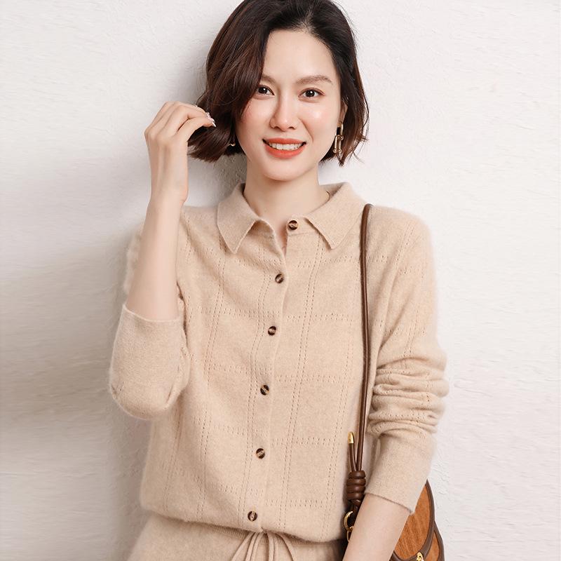 

Женский ажурный кашемировый кардиган - Отложной воротник, свитер Осень-Зима 2024 L