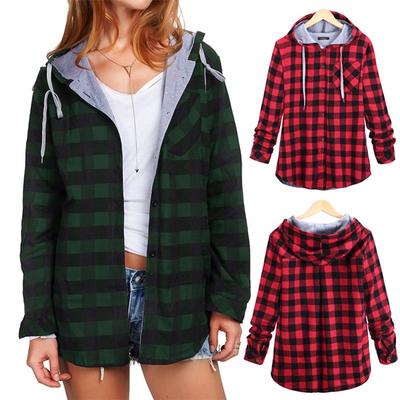 Womens Plaid Hooded Blouse Coat Long Sleeve Sweatshirt Jacket Button Cardigan