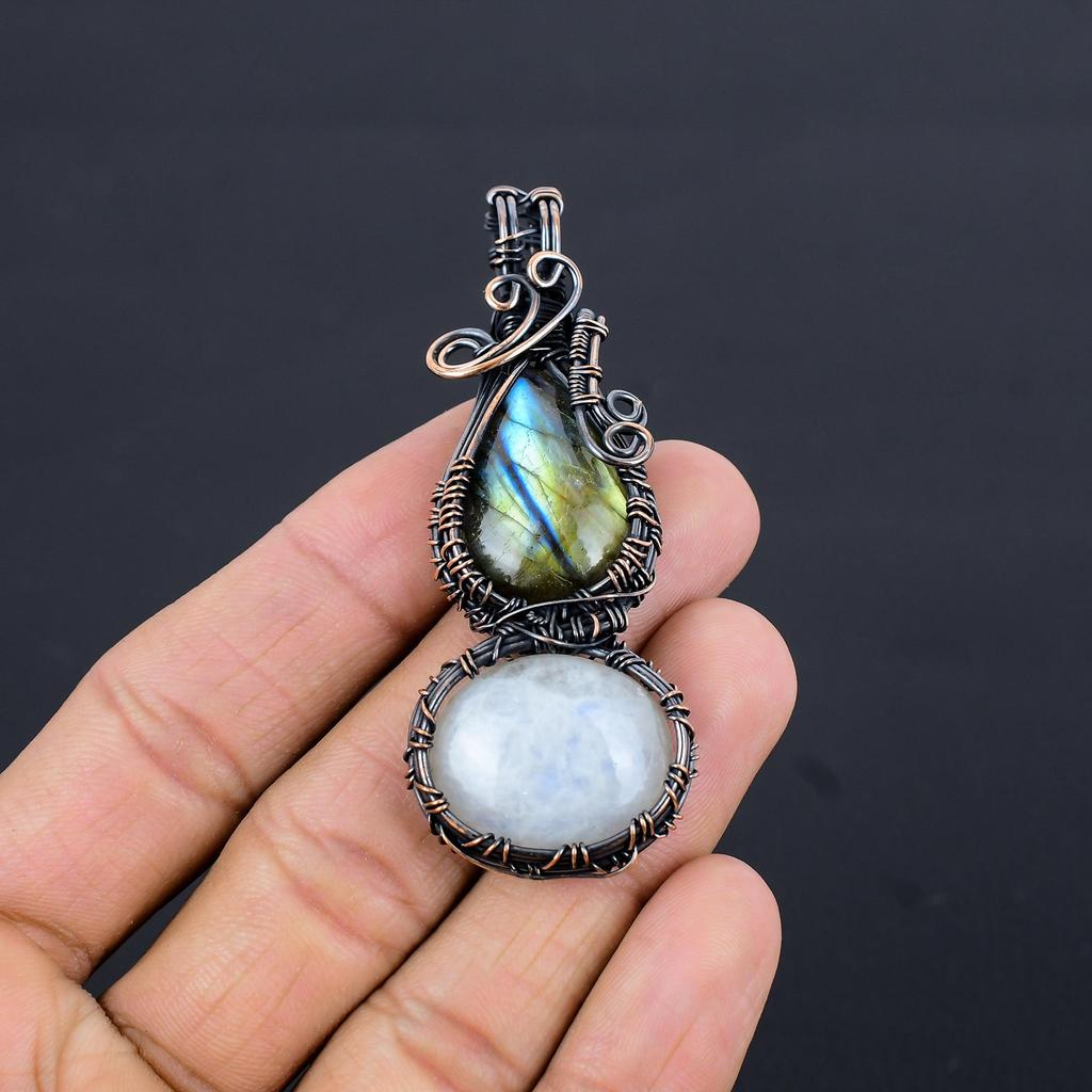 Labradorite & Moonstone Pendant, Handmade Gemstone 999 Copper Wire Wrapped Pendant Antique Jewelry, For Gift Silver Jewelry