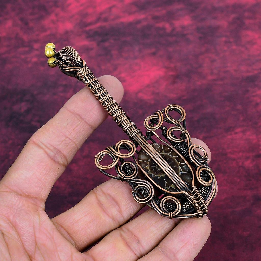Ammonite Fossil Real Gemstone Pendant Copper Wire Wrapped Pendant Guitar Jewelry