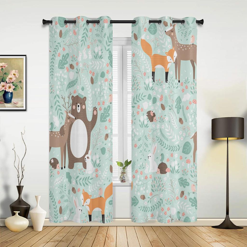 Animal Bird Fox Forest Winter Birch Tree Window Curtains Home Decor Living Room Curtains Kid's Room Cortinas For Kitchen Bedroom