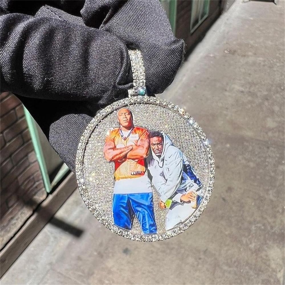 THE BLING KING Iced Out Round Medallion Custom Memory Photo Pendant Necklace Paved CZ Engrave Back Men Women Hiphop Jewelry