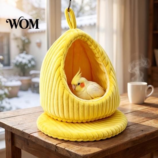 Pet Bird Resting Hut Hanging Parrot Nest Bed, Winter Striped Plush Water Drop Shape Cold Weather Cozy Cave Bed with Removable Cushion, Cage