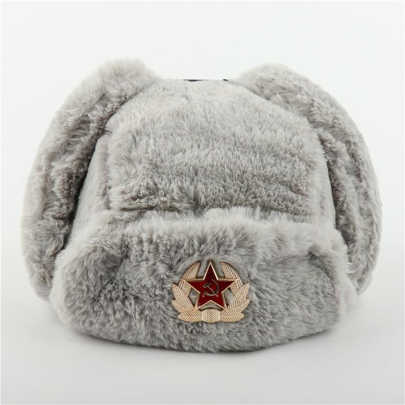 Warm Winter Military Style Earflap Hat Men Women With Embroidered Soviet Emblem Faux Fur Lined Outdoor Cap