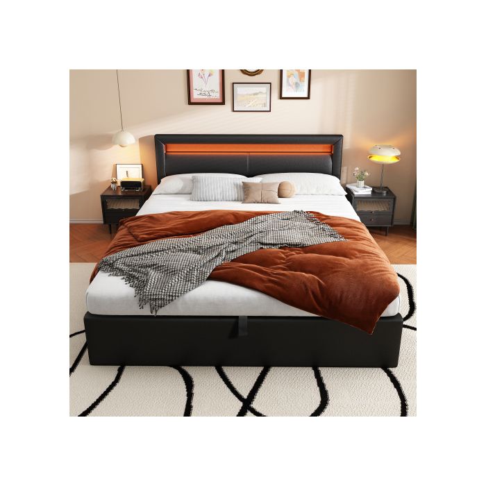 Lit rembourré - MUVOE - 140 x 190 - Simili cuir - Rangement sous sommier - Éclairage LED