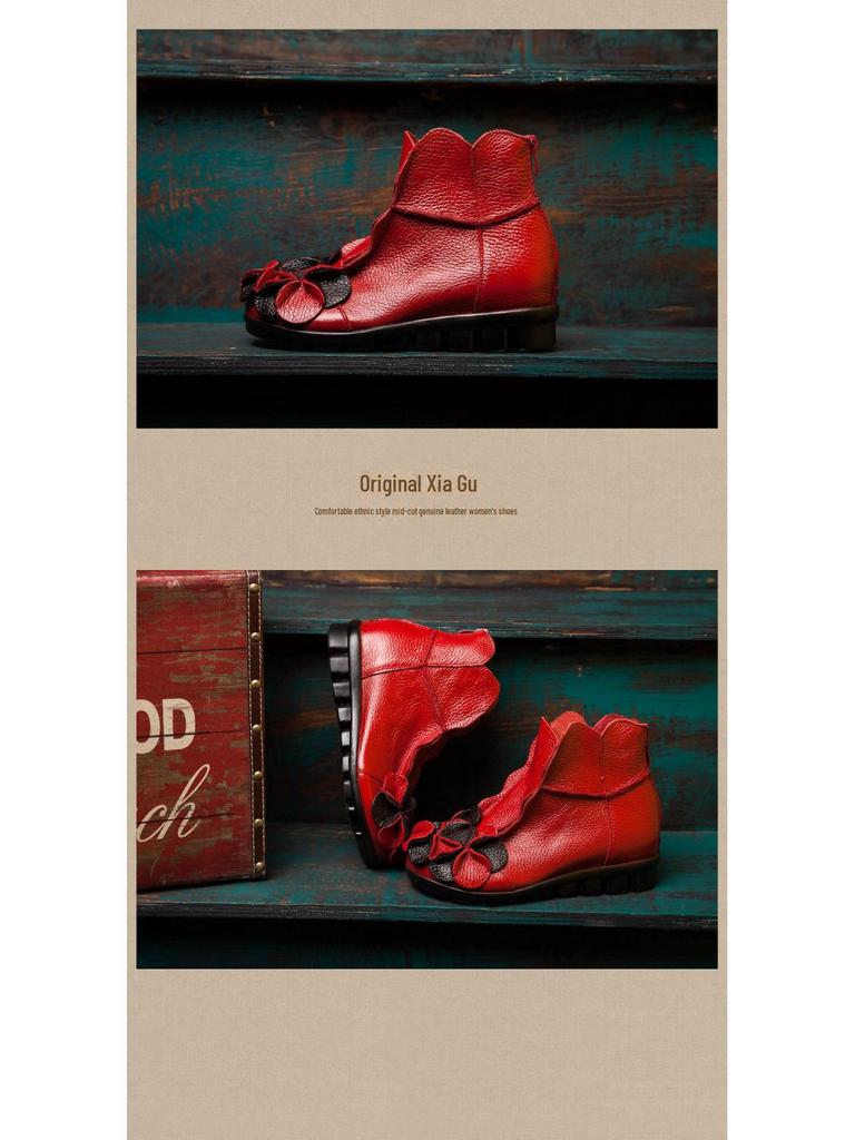 Damen Retro Leder Martin Kurzstiefel: Dicksohlige, dickabsatzige Stiefel mit Reißverschluss hinten für Herbst/Winter