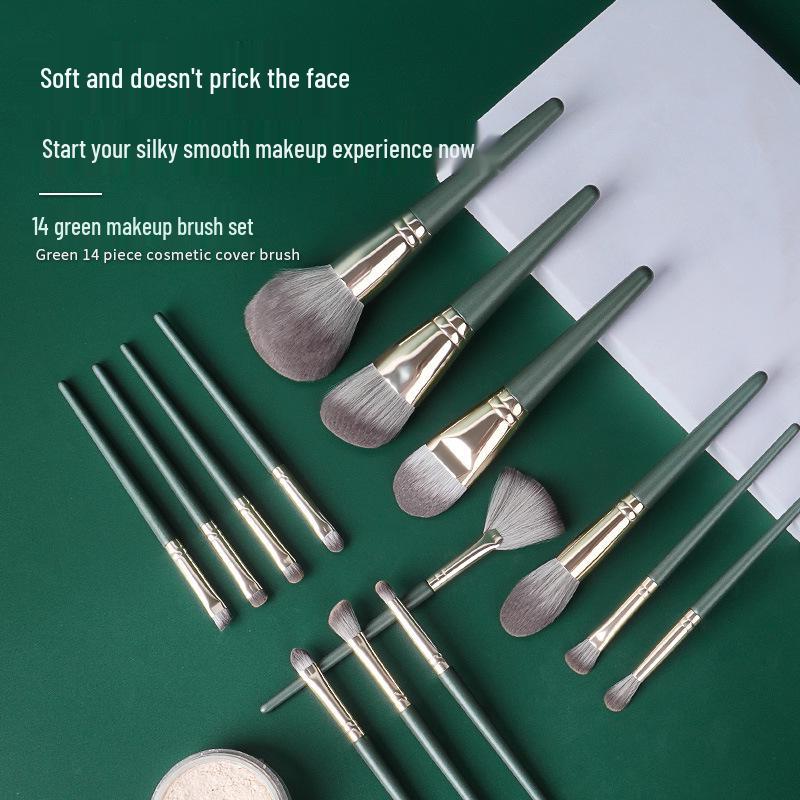 14-Piece Green & Blue Makeup Brush Set - Includes Eyeshadow, Face Brushes, and Portable Case