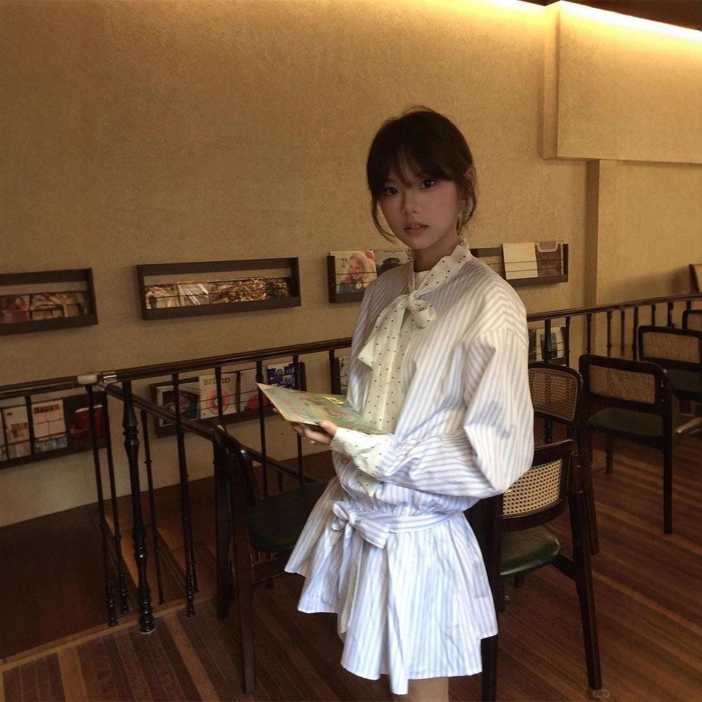 Early spring college style striped shirt dress women s new summer small Korean waist and thin skirt S
