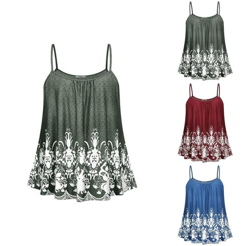 Elegant Women Print Loose Casual Summer Pleated Flowy Sleeveless Camisole Tank Tops