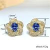 Cute Female Big Blue Stone White Zircon Flower Stud Earrings Gold Color Wedding Jewelry For Women