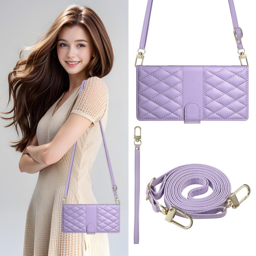 For Samsung Galaxy S25 FE Case Rhombus Stitching Wallet Stand Leather Phone Cover with Long/Short Strap