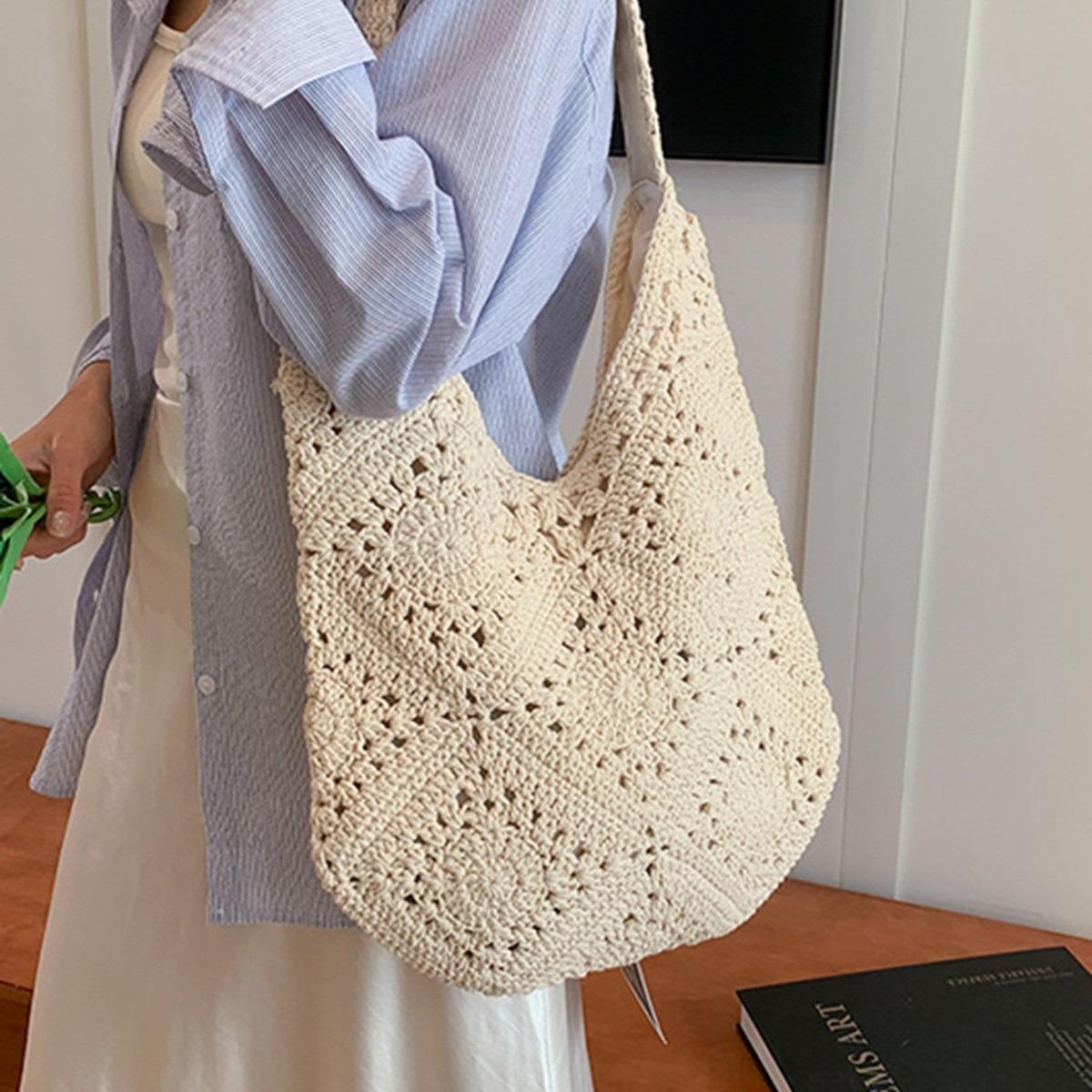 

Fashion Casual Handmade Crochet Hollow Flower Woven Summer Vacation Simple Large Capacity Commuting Work Shoulder Bag бежевый