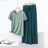 Color Block Cotton Crew Neck Two-Piece Set: Short Sleeve Top & Wide Leg Drawstring Pants
