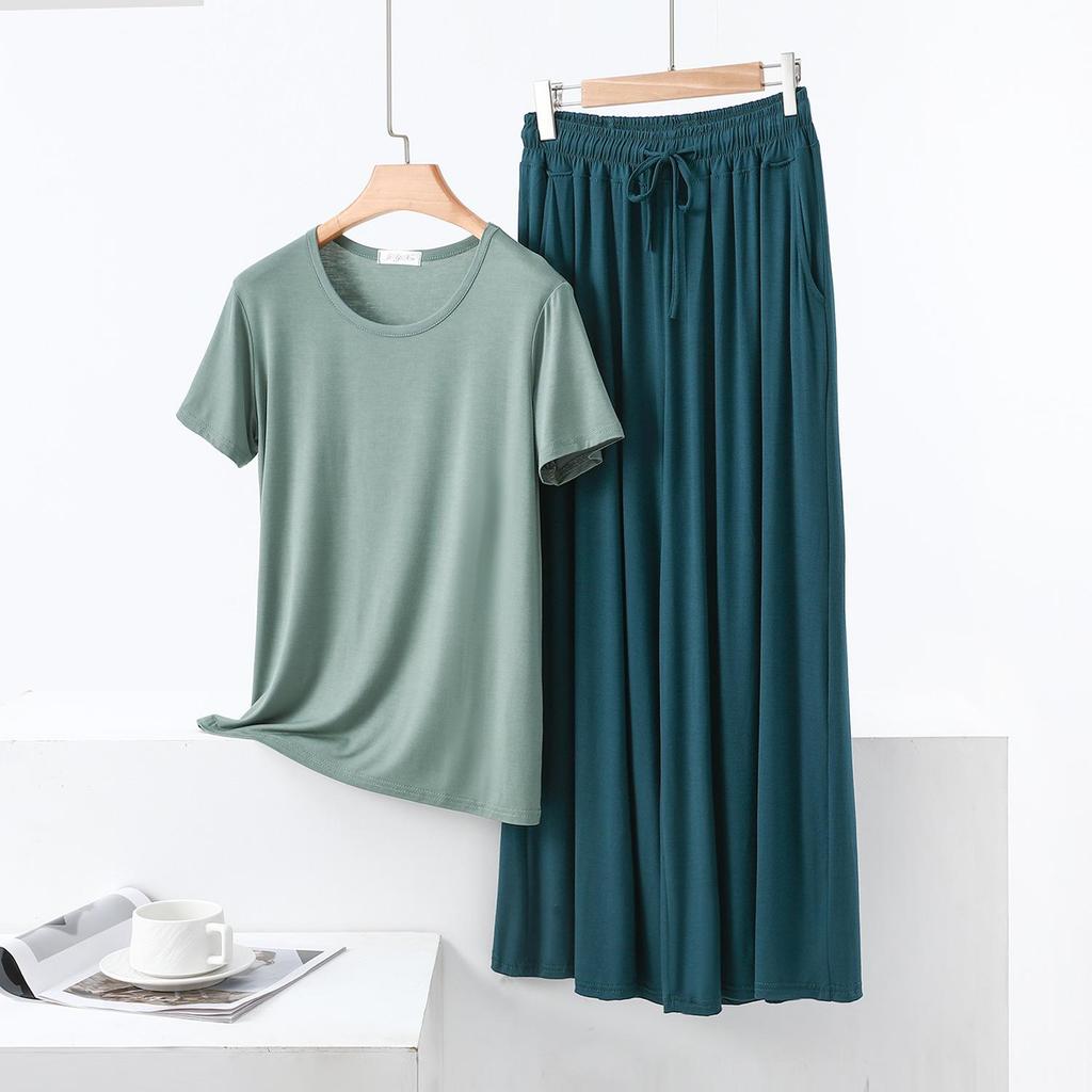 Color Block Cotton Crew Neck Two-Piece Set: Short Sleeve Top & Wide Leg Drawstring Pants