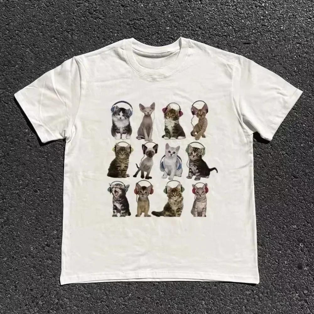 

New Unisex and Womens Tshirt Cat Listen To Music Printed Casual Fashion Short Sleeve Tshirt Soft Comfortable Unisex Women Clothing 4XL