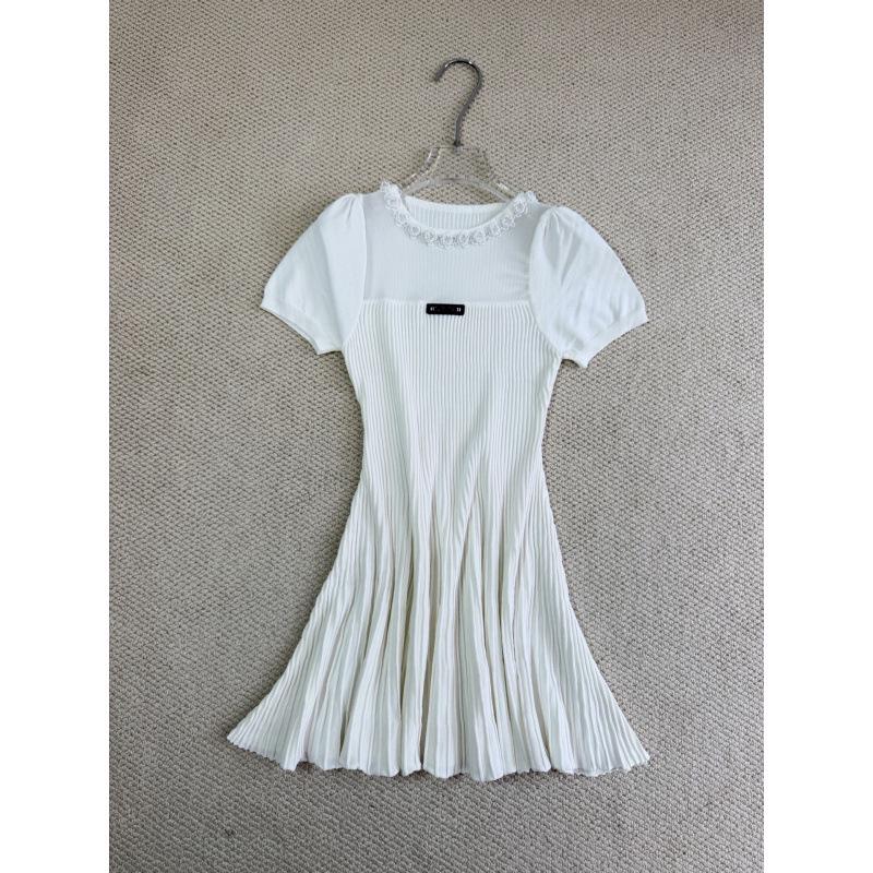MIU Style 2026 Summer Diamond Flower Needlepoint Pullover Dress - Short Sleeve, Round Neck, High Quality