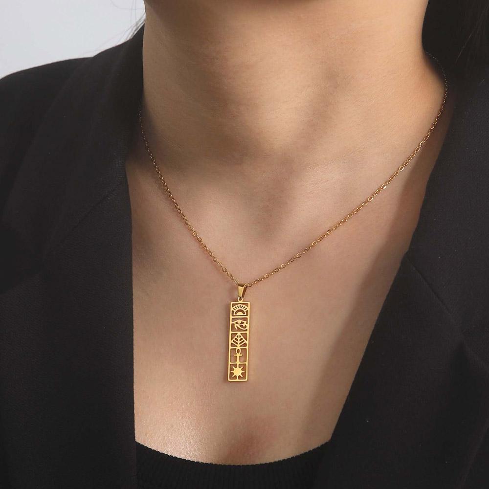 Dawapara Eye of Horus Ankh Cross Necklace Egyptian Cartouche Hieroglyph Pendant Stainless Steel Ancient Spiritual Jewelry