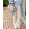 Dámské oblečení Sladké Roztomilé Béžové kalhoty Vysoký pas Volány Kalhoty Ženské Dívčí Elegantní Rovné Široké nohavice Pantalon Korejský styl