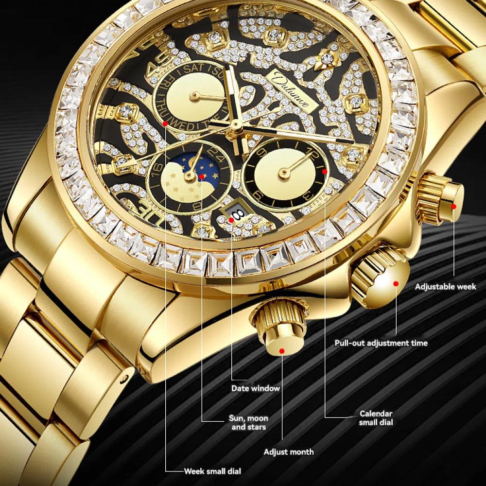 Dulunwe Moon Phases Calendar Display Watch Waterproof Stainless Steel Gold Wristwatch Luxury Unique Men's Automatic Mechanical Watches